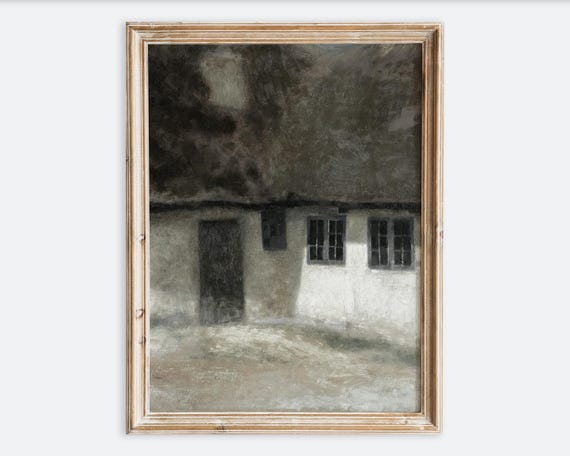 Vintage Moody Farmhouse Wall Art Print Antique Cottage Exterior Painting Rustic Minimalist Barn Poster Dark Neutral Country Decor Vp304