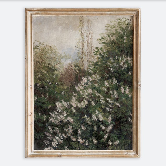 Rustic Vintage European Country Lilacs Flower Garden Oil Painting Art Print Neutral Green Landscape Poster Antique Moody Farmhouse Vp142