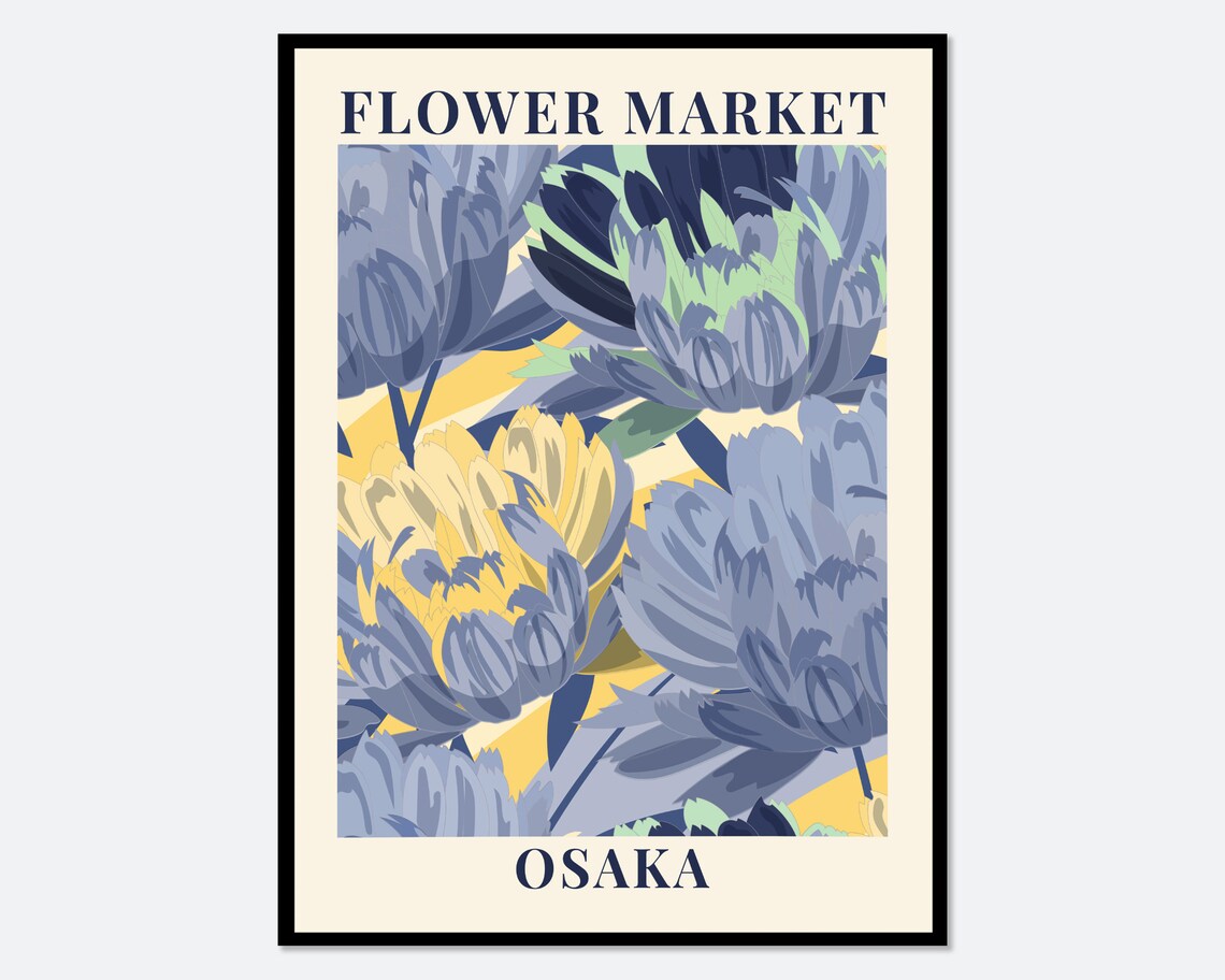 Flower Market Osaka Blue and Yellow Blossom Retro Floral Art Poster