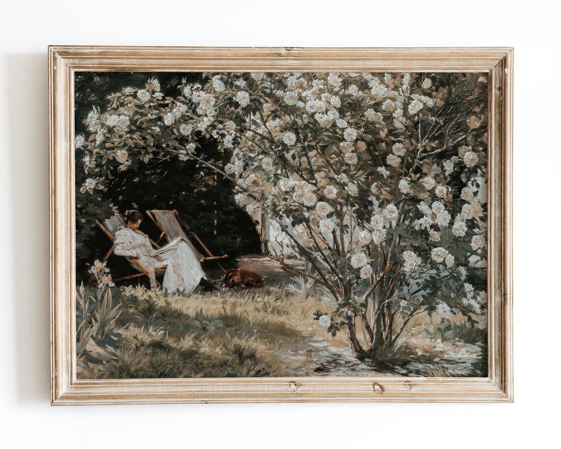 European Vintage Rose Garden, Rustic French Art Print