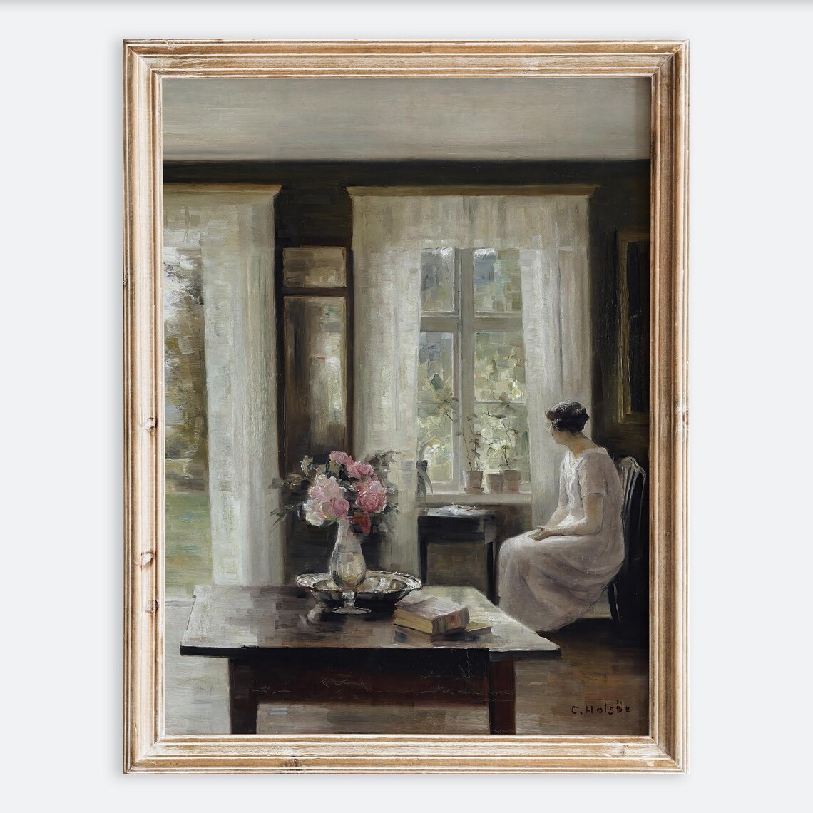 Woman By Bright Window With Pink Roses Vintage Interior Scene Poster