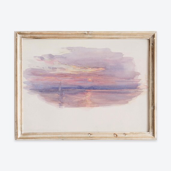 Vintage Sailboat Sunset Wall Art Watercolor Ocean Pink Sky Calm Decor