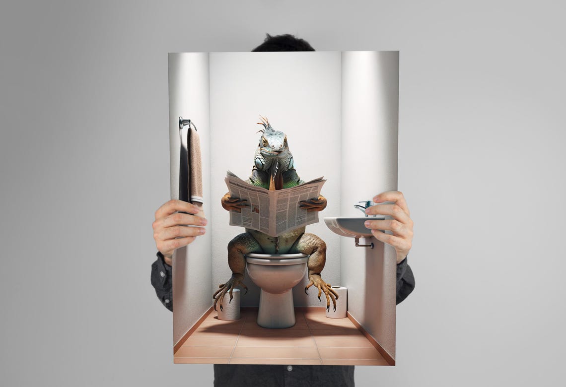 Iguana Reading the Newspaper on the Toilet Funny Bathroom Poster - Image 3
