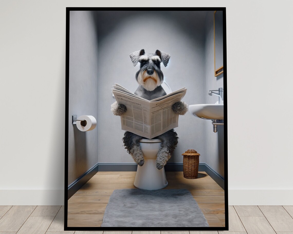 Miniature Schnauzer Reading Newspaper Bathroom Poster