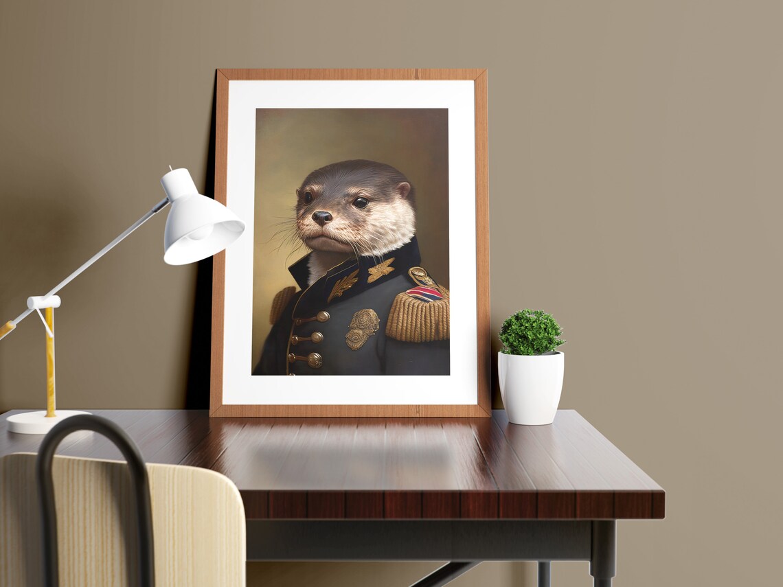 Portrait Of An Otter In Military Uniform Art Print - Image 4