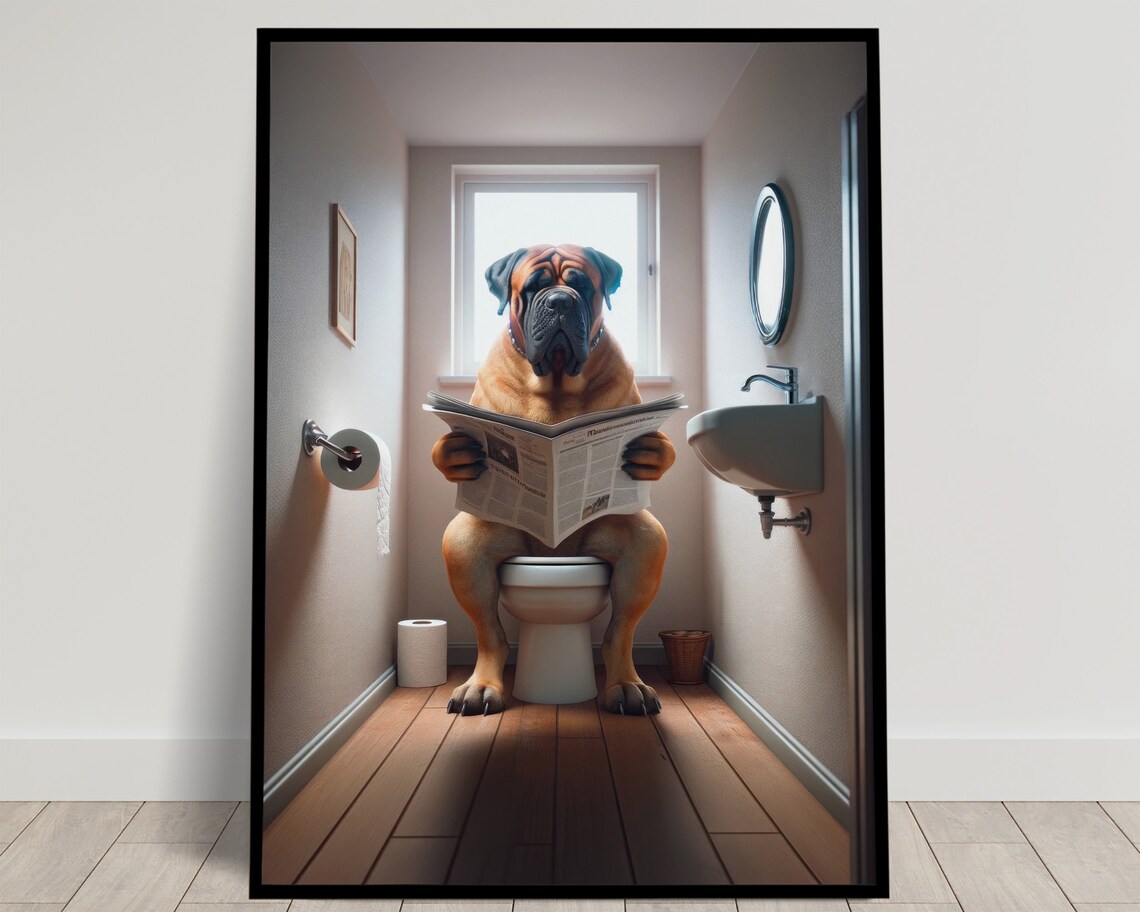 Bullmastiff Reading the Newspaper, Funny Bathroom Poster