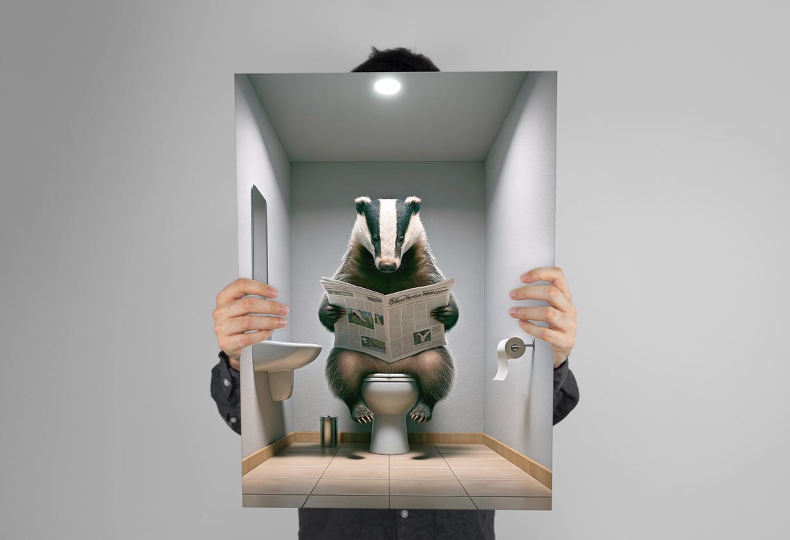 Badger Reading the Newspaper on the Toilet Funny Bathroom Poster - Image 3