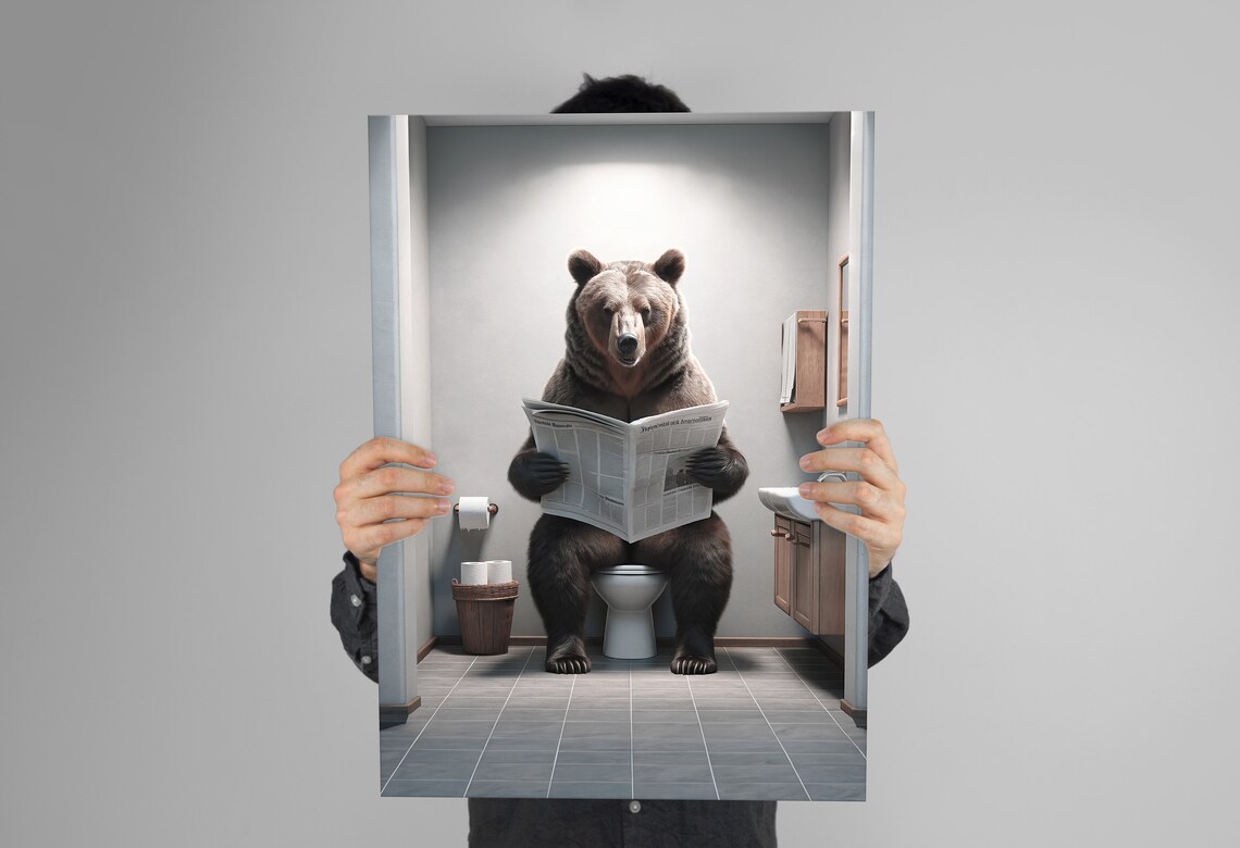 Brown Bear Reading Newspaper Bathroom Wall Art Print - Image 3