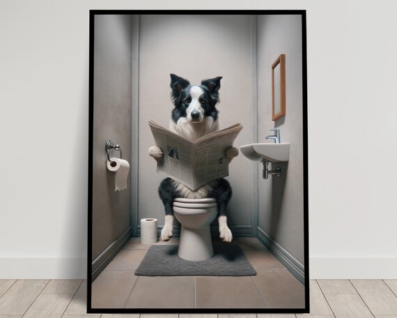 Funny Border Collie Reading Newspaper On Toilet Bathroom Humor Poster
