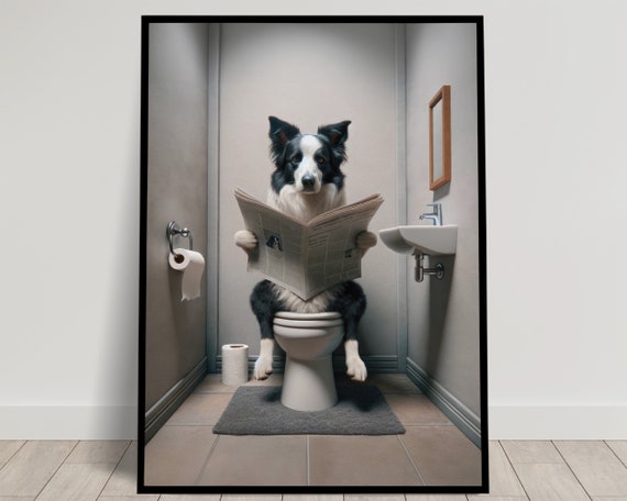 Photograph Of A Border Collie Reading The Newspaper On The Toilet Funny Bathroom Decor Bathroom Wall Art Wc Toilet Poster Gag Gift