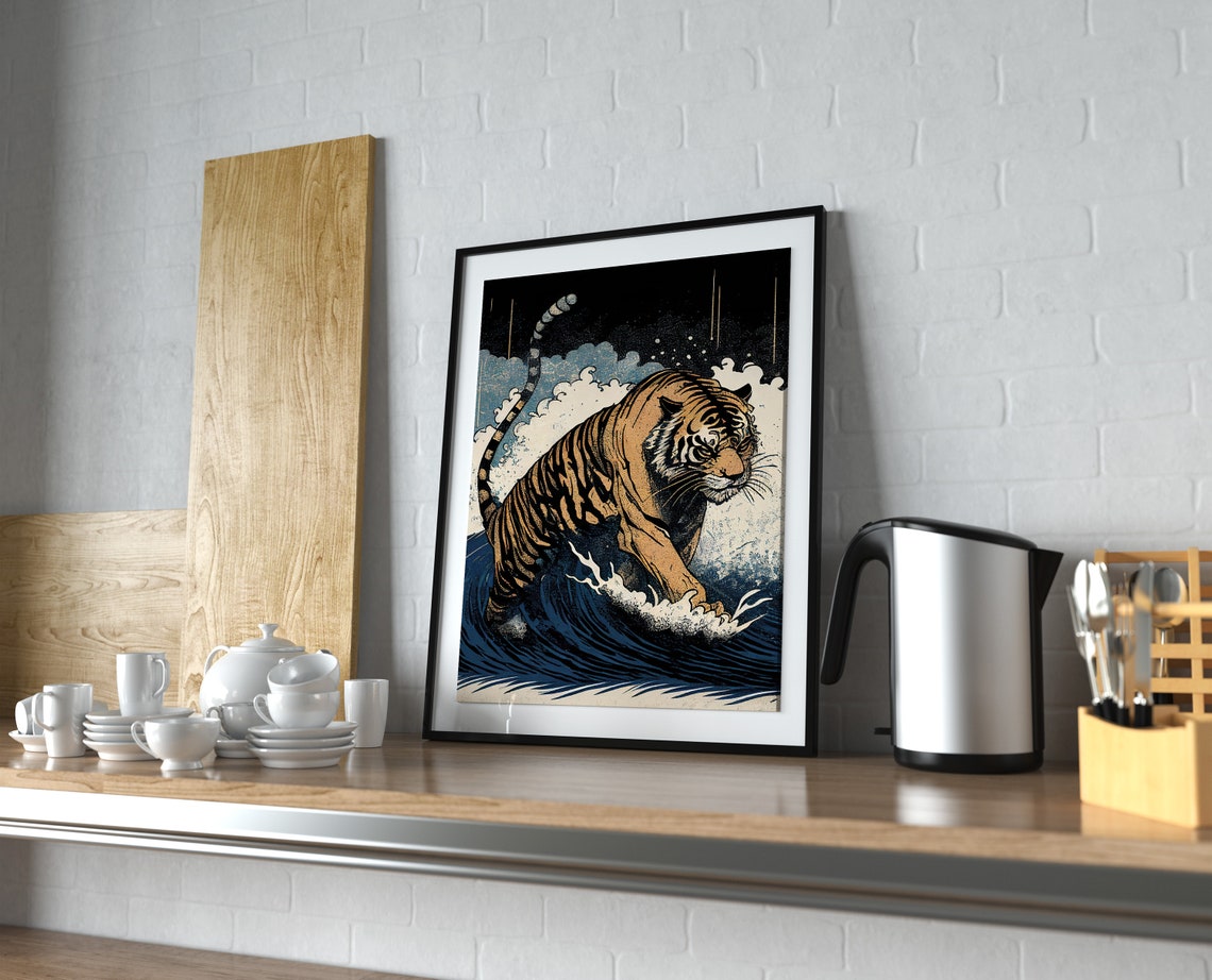 Fierce Tiger Emerging From Dark Ocean Waves Japanese Art Poster - Image 4