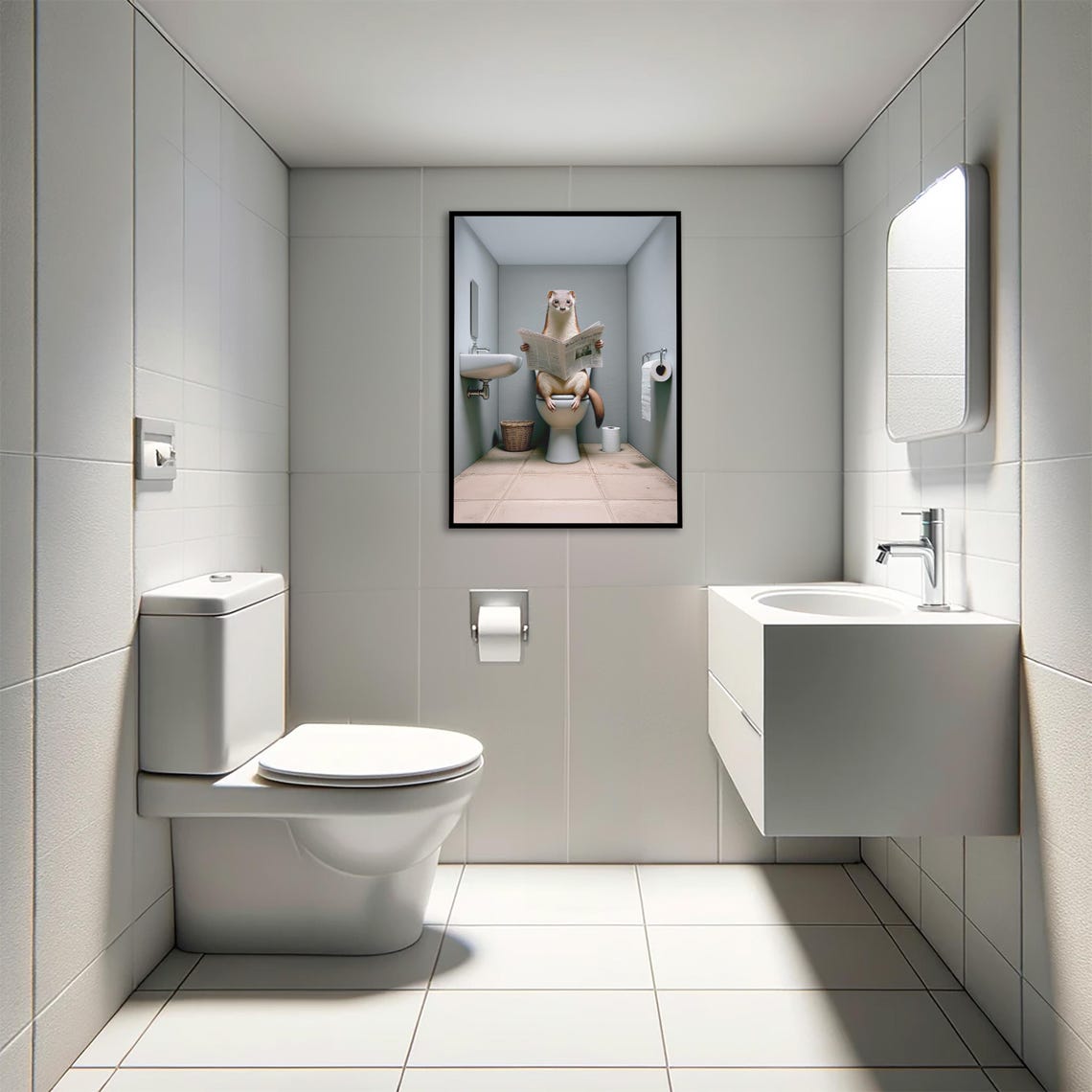 Weasel Reading the Newspaper on the Toilet Funny Bathroom Poster - Image 4
