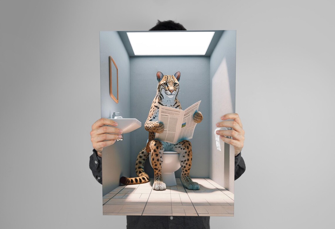 Funny Ocelot Reading Newspaper On Toilet Wild Cat Bathroom Humor Poster - Image 3
