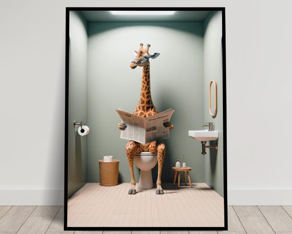 Photograph Of A Giraffe Reading The Newspaper On The Toilet Funny Bathroom Decor Bathroom Wall Art Wc Toilet Poster Unique Gag Gift