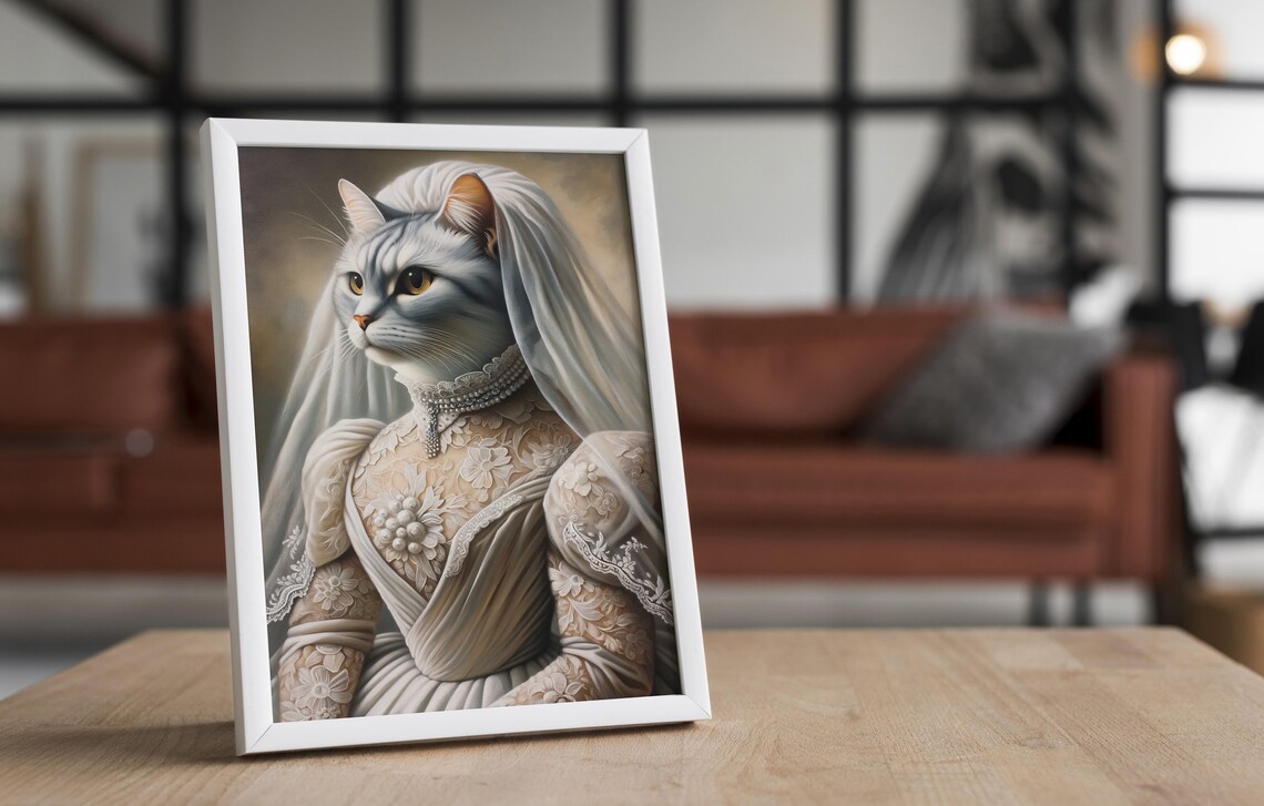 Gray Tabby Cat Bride in a Lace Wedding Dress Regal Animal Portrait Poster - Image 4