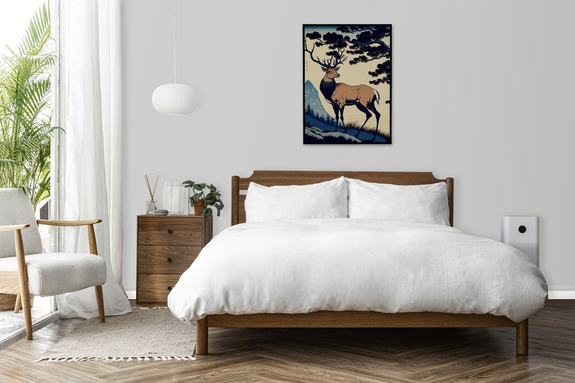 Stag Deer Beneath Pine Trees in Ukiyo E Japanese Mountain Art Poster - Image 4