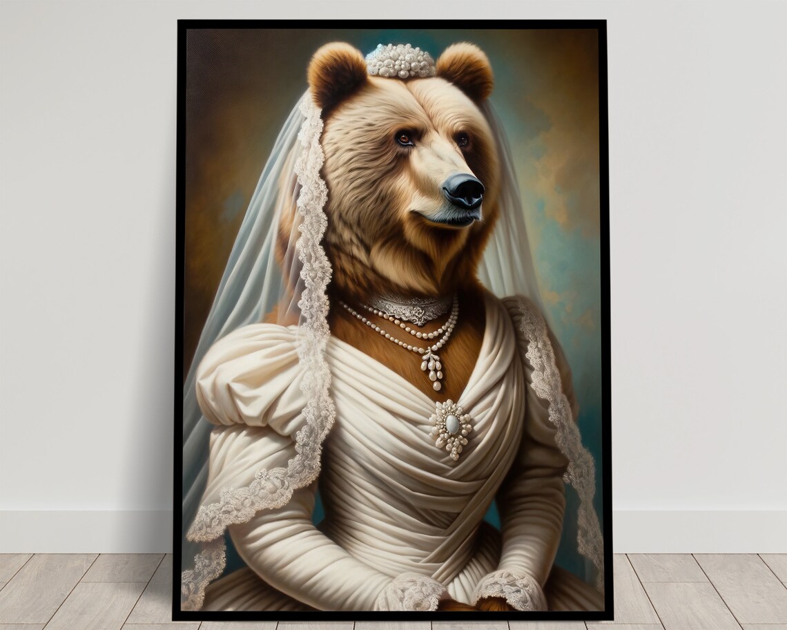 Brown Bear Bride in an Ivory Wedding Dress with Jeweled Brooch Poster