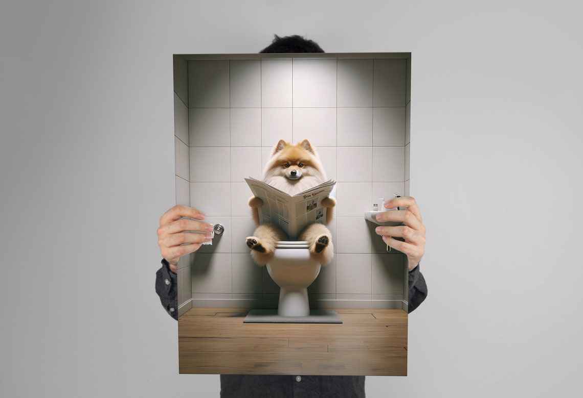 Spitz Dog Reading Newspaper While Sitting on the Toilet Funny Poster - Image 3