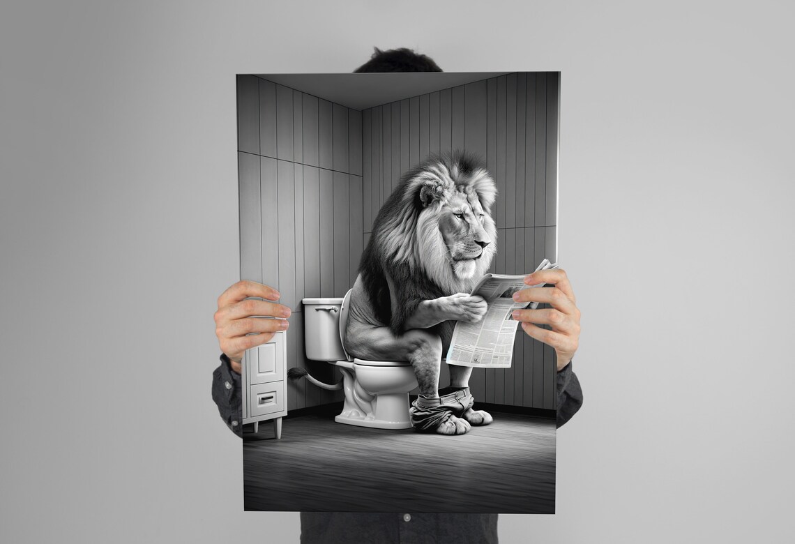Lion Reading on the Toilet Black and White Poster - Image 2