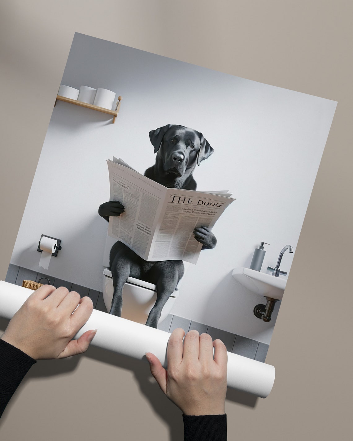Funny Black Lab Reading Newspaper On Toilet Bathroom Dog Humor Poster - Image 2