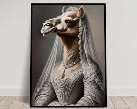Portrait Of A Camel Wearing A Wedding Dress Animal Wall Decor Camel Mariage Poster Bride Wall Art Funny Frame Unique Gift