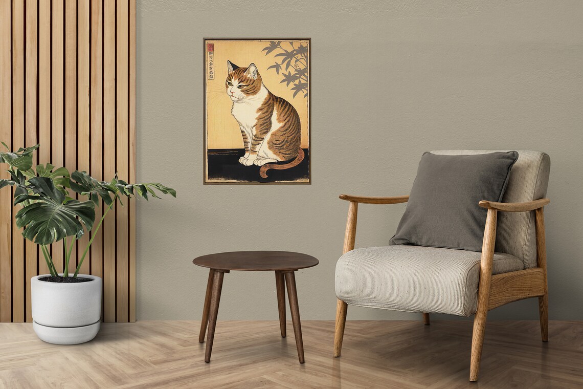 Japanese Woodblock Style Tabby Cat Illustration Vintage Asian Art Poster - Image 2