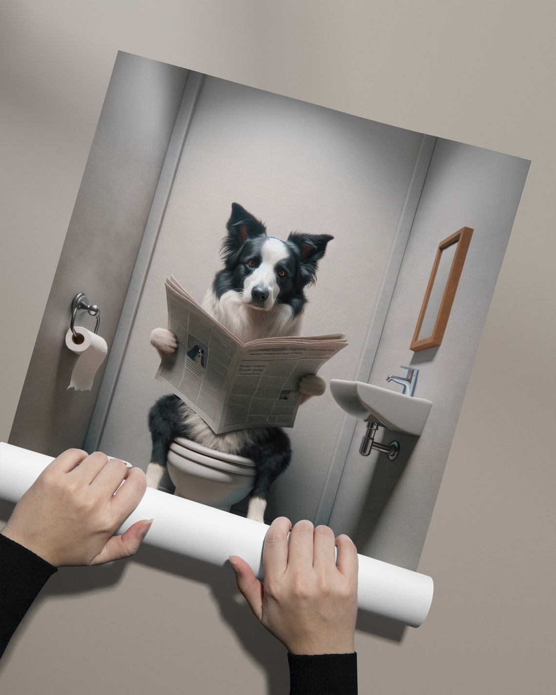 Funny Border Collie Reading Newspaper On Toilet Bathroom Humor Poster - Image 2