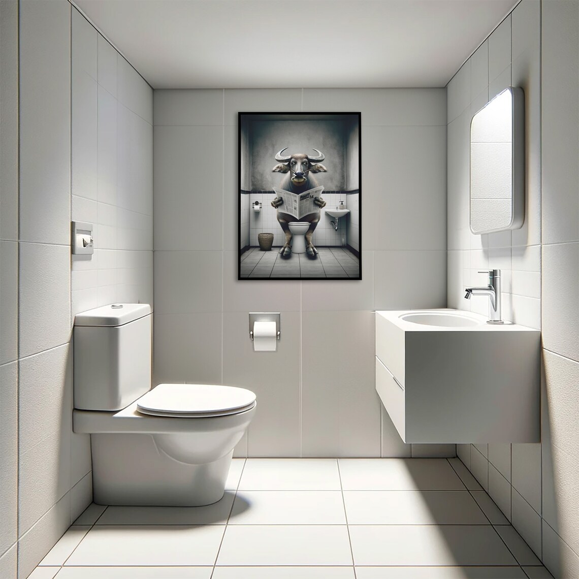 Water Buffalo Reading Newspaper on the Toilet Funny Bathroom Poster - Image 4