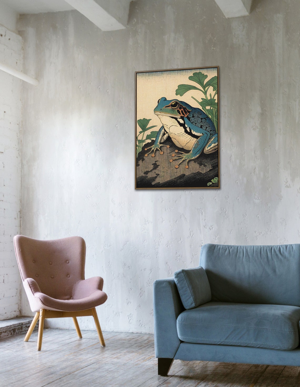 Blue Tree Frog On Branch Japanese Ukiyo E Vintage Style Poster - Image 3