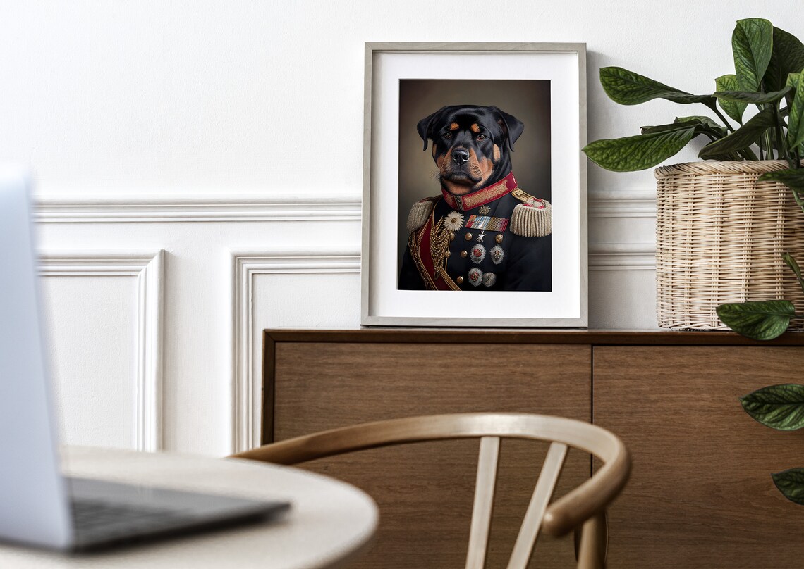 Portrait Of A Rottweiler In Military Uniform Art Print - Image 3