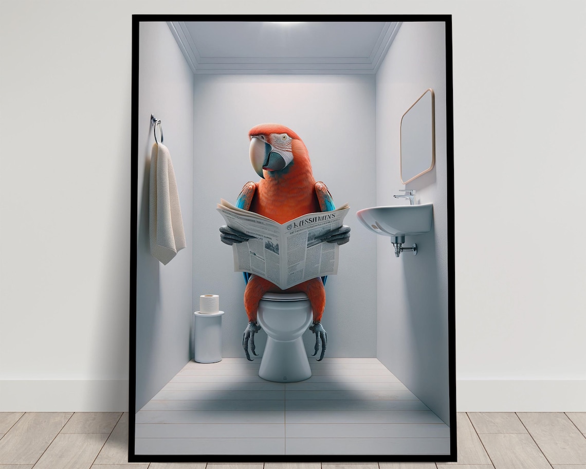 Macaw Reading The Newspaper On The Toilet, Poster