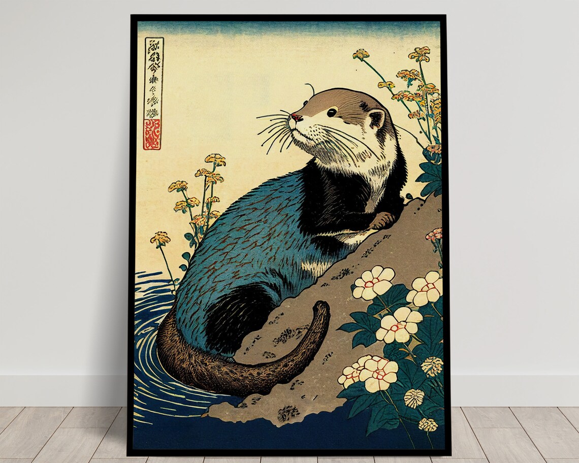 Otter Ukiyo-E Art Print, Japanese Style Illustration