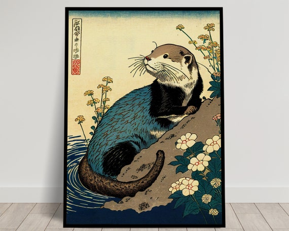 Otter Ukiyo-E Art Print, Japanese Style Illustration