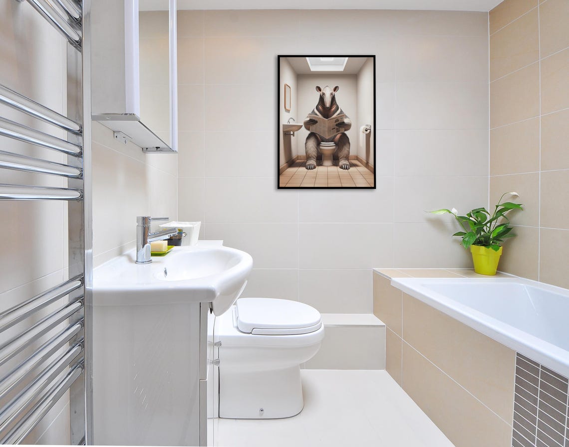 Photograph Of An Anteater Reading The Newspaper On The Toilet Funny Bathroom Decor Bathroom Wall Art Wc Toilet Poster Unique Gag Gift - Image 2