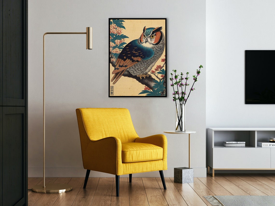Japanese Ukiyo E Owl On Blossom Branch Vintage Woodblock Wall Art - Image 4