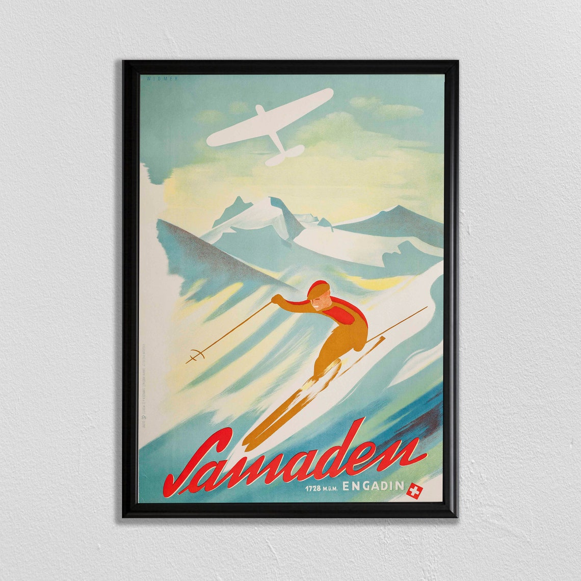 Swiss Travel Art Switzerland Ski Poster Sports Retro Decor Samaden Suisse Europe European Travel Zermatt Skiing Poster