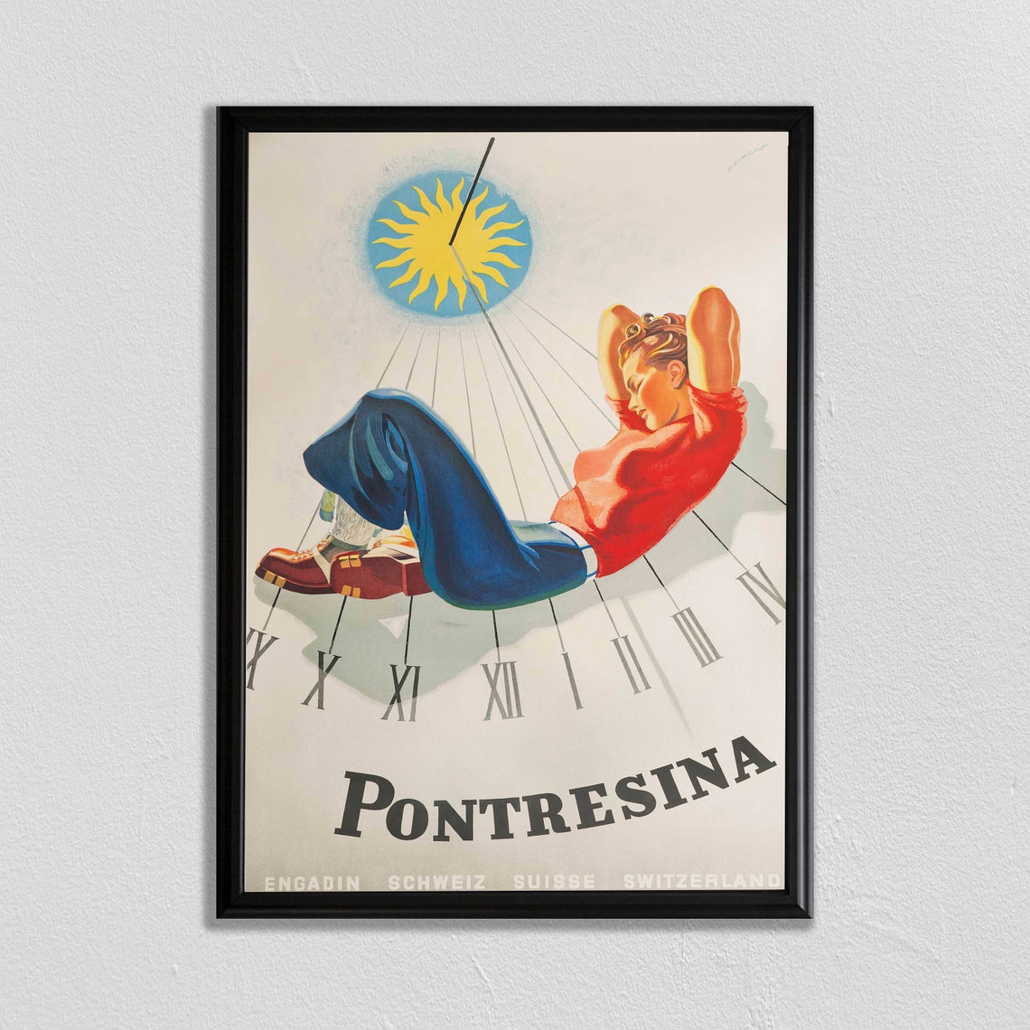 Swiss Travel Art Switzerland Ski Poster Sports Retro Decor Pontresina Suisse Europe European Travel Zermatt Skiing Poster