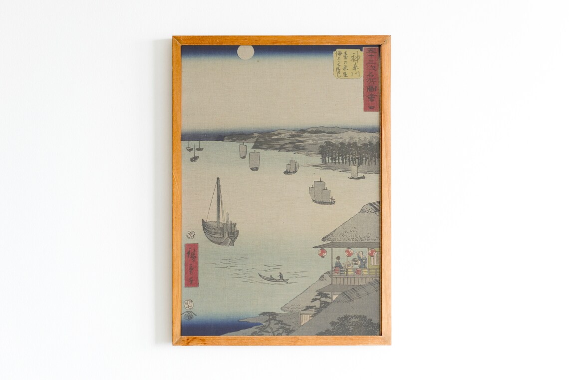 Japanese Woodblock Harbor Boats Moonlit Night Ukiyo E Art Print