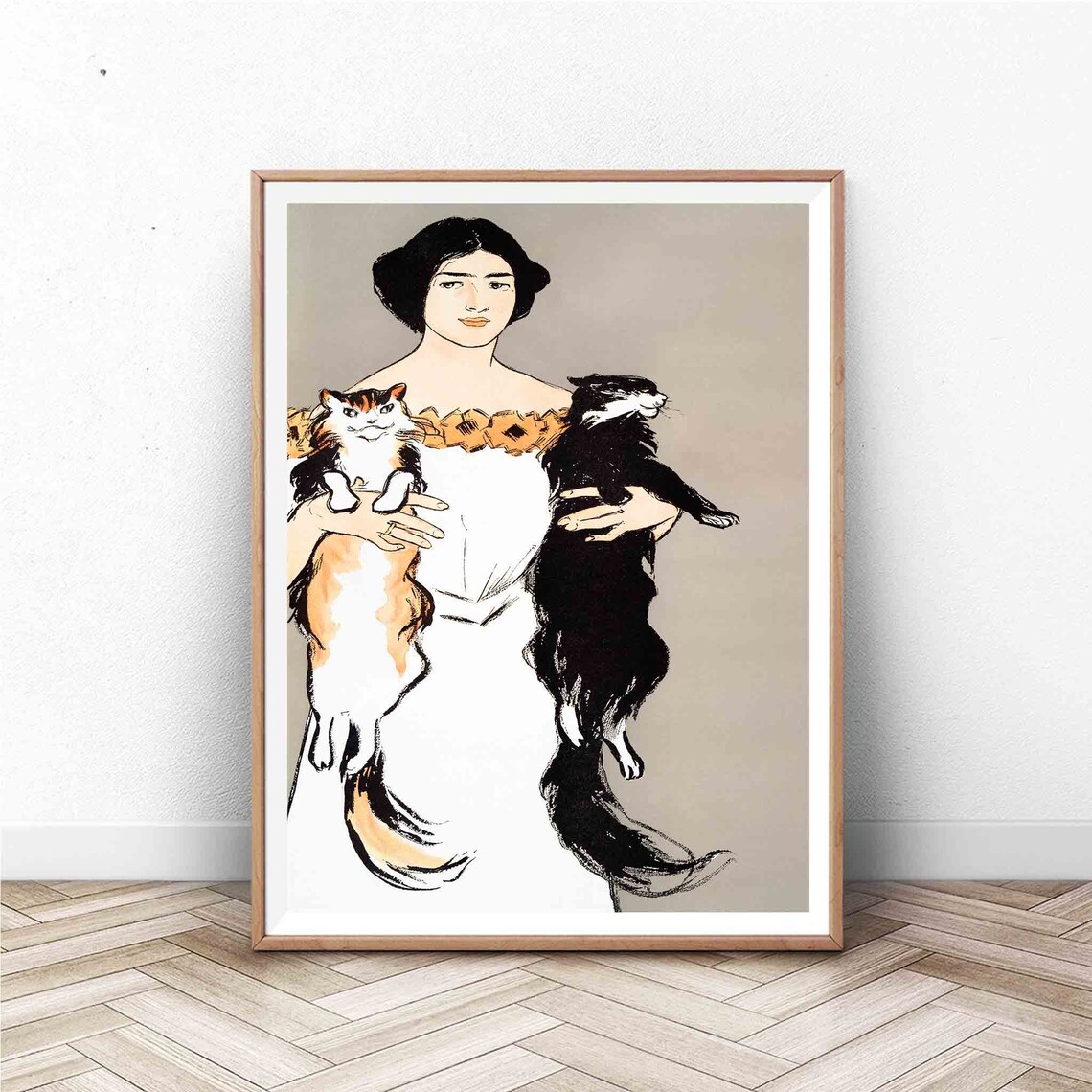 Woman Holding Two Cats Vintage French Illustration Art Nouveau Poster
