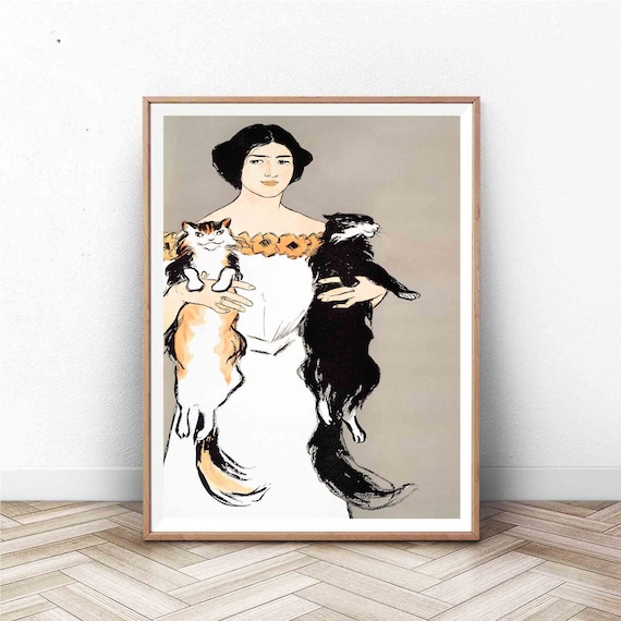 Woman Holding Two Cats Vintage French Illustration Art Nouveau Poster