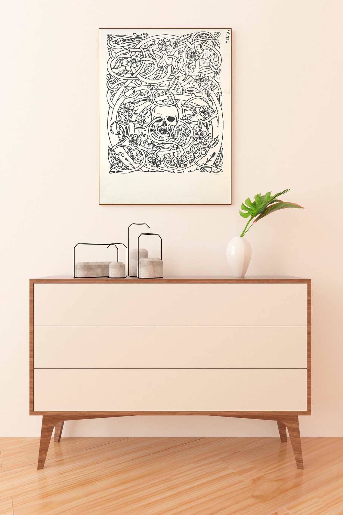 Art Nouveau Skull Floral Line Art Goth Botanical Illustration Poster - Image 2