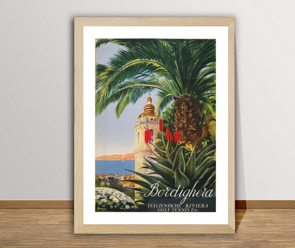 Bordighera Italian Riviera Palms Golf Tennis Vintage Travel Poster