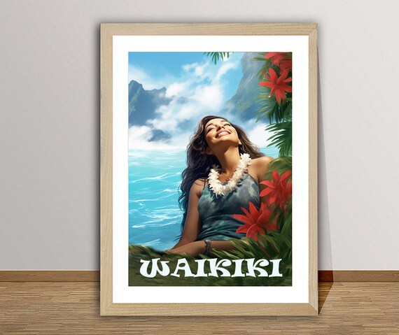 Waikiki Beach Hawaii Travel Poster Hawaiian Girl At The Beach Gift Idea Wall Decor