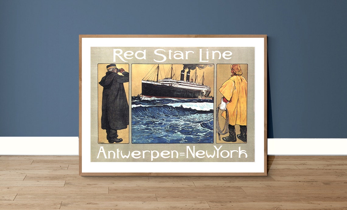 Red Star Line Antwerp to New York Vintage Ocean Liner Travel Poster