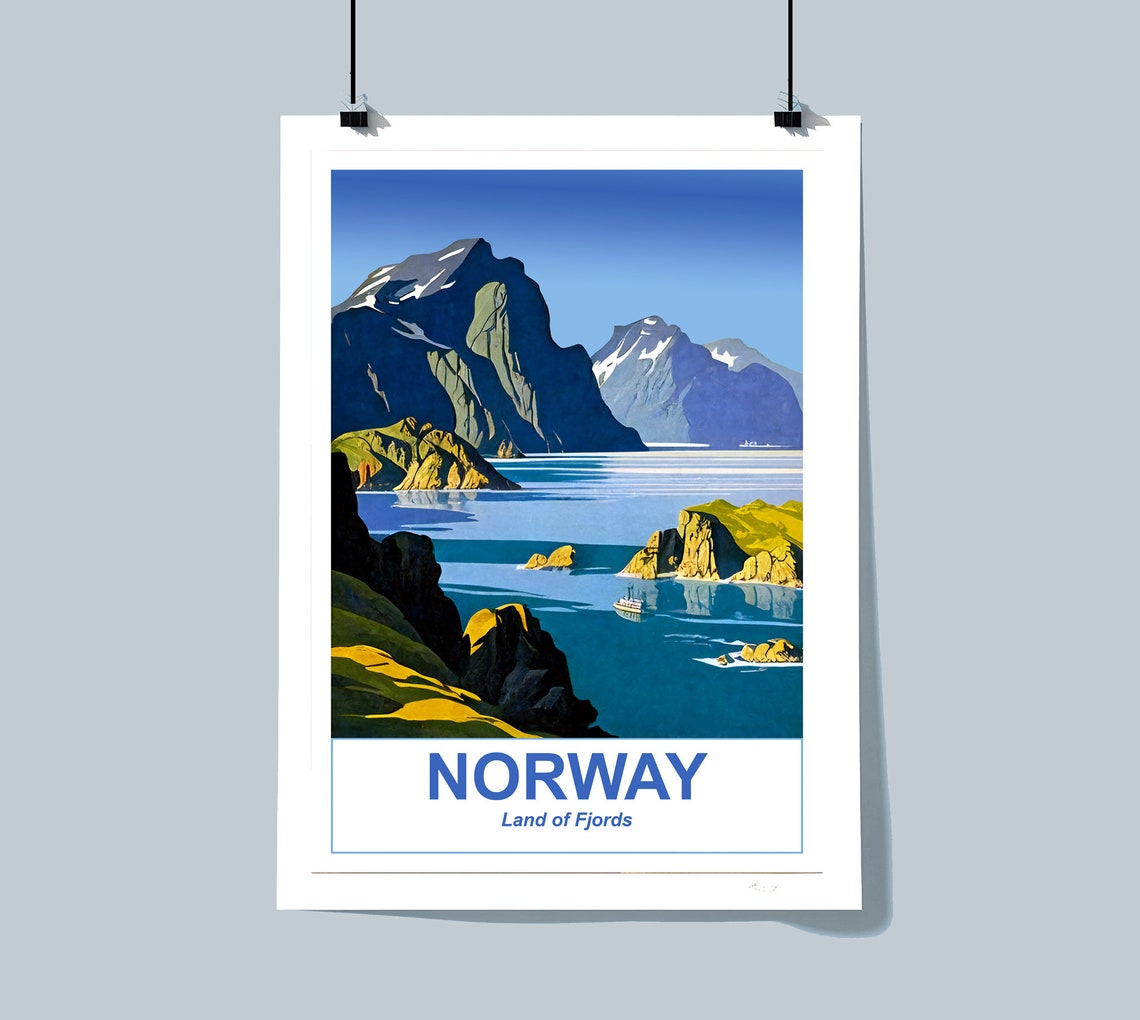 Norway Fjord Coast Mountain Cliffs Summer Vintage Scandinavian Poster - Image 3