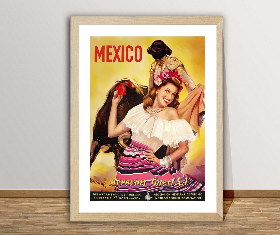 Mexico Aerovias Guest Airline Fiesta Dancer Vintage Travel Poster - Image 2
