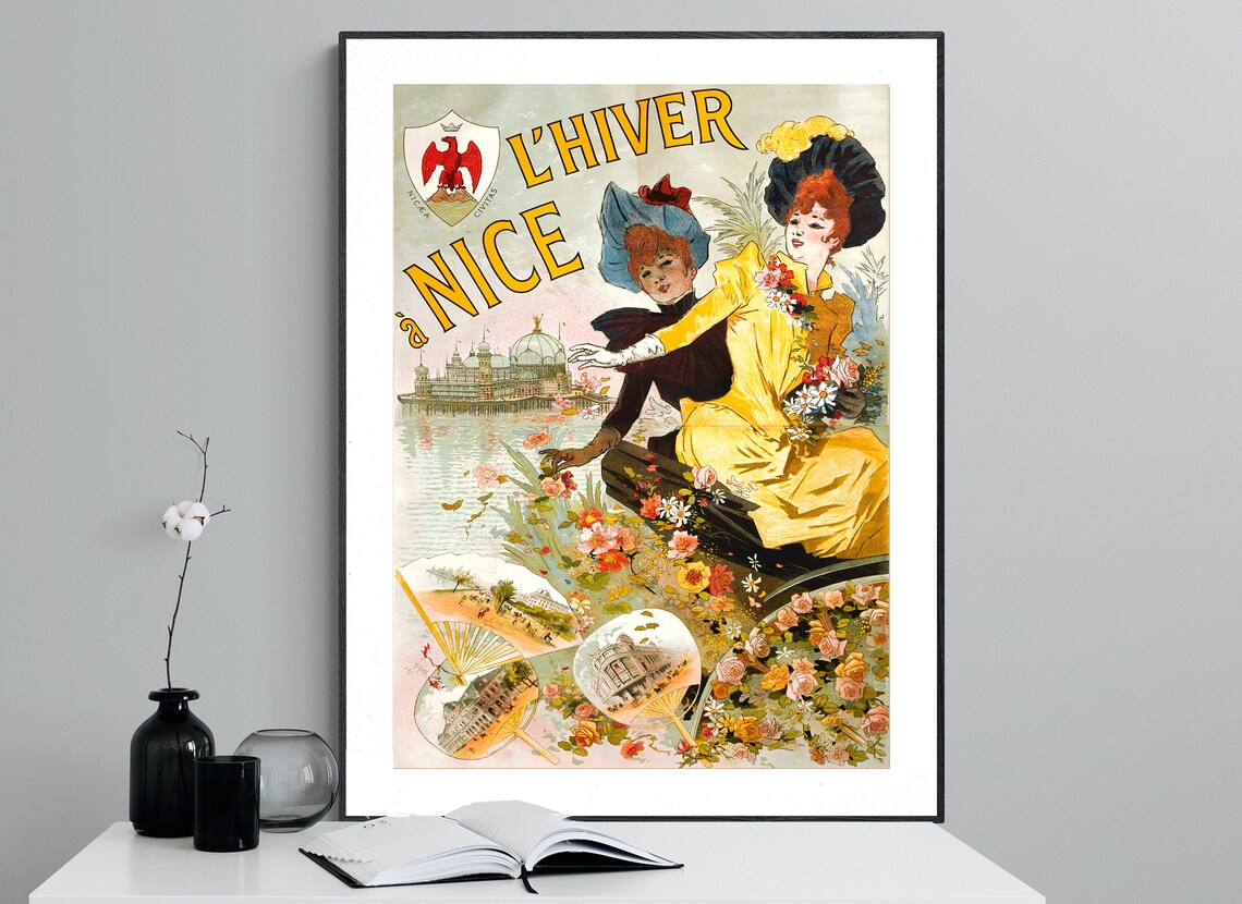 L'Hiver a Nice Winter in Nice Vintage French Riviera Travel Poster