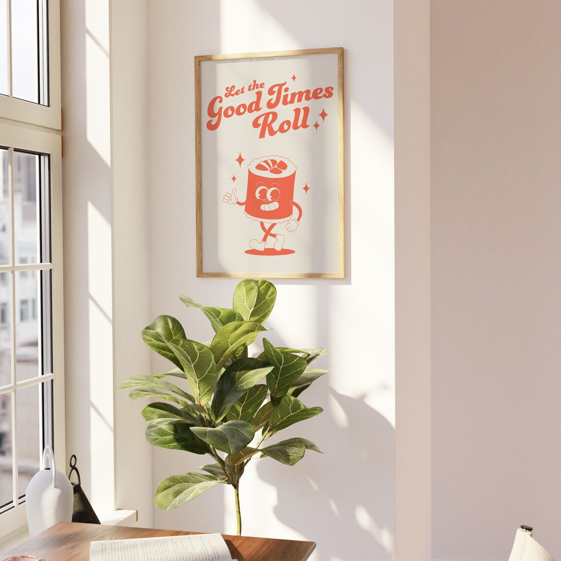 Let the Good Times Roll Orange Retro Sushi Character Food Quote Poster