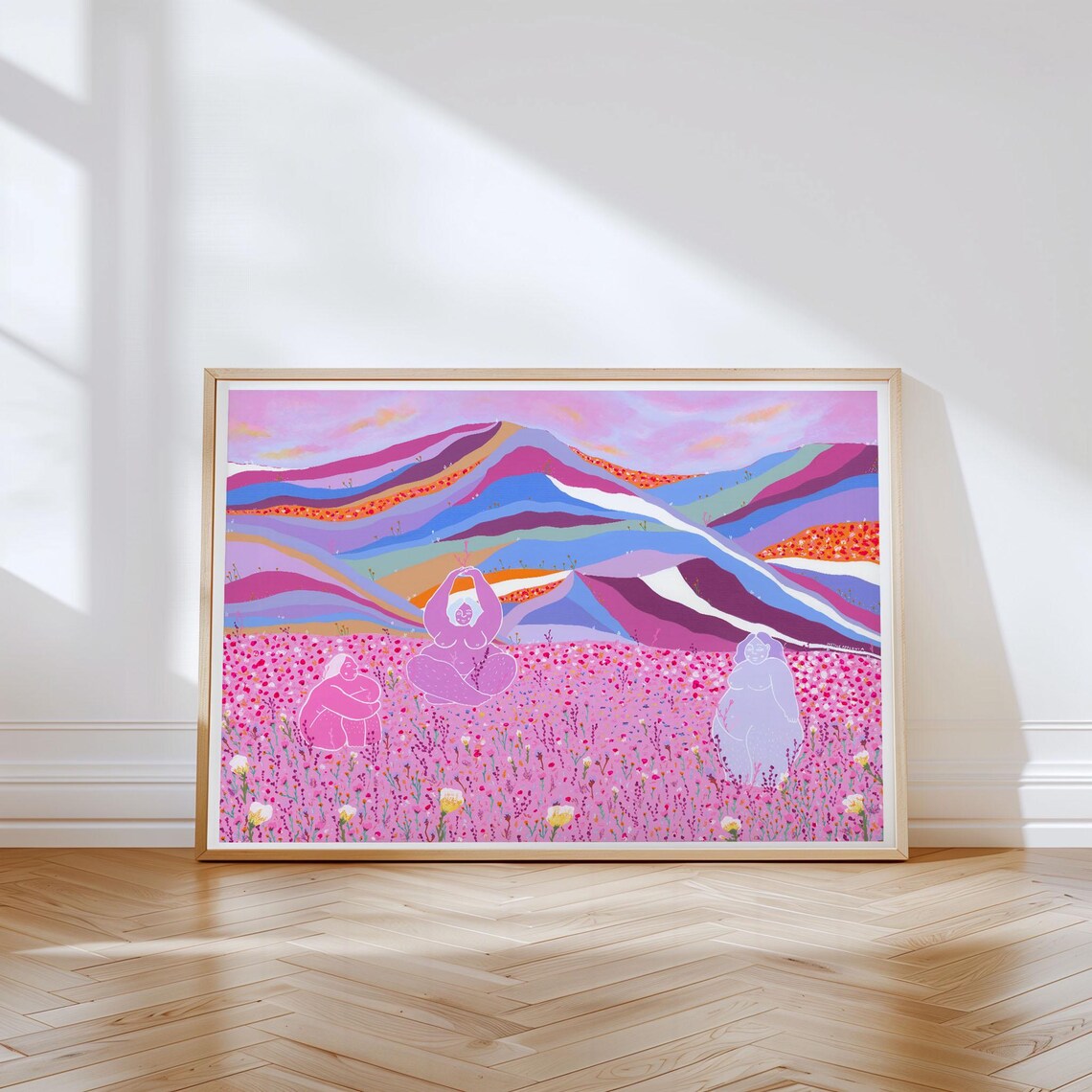 Feminine Pink Flower Field Meditation Art With Colorful Hills Poster - Image 3