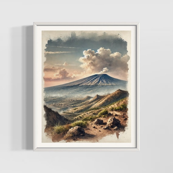 Mount Etna Sicily Italy Volcano Smoking Summit Watercolor Poster